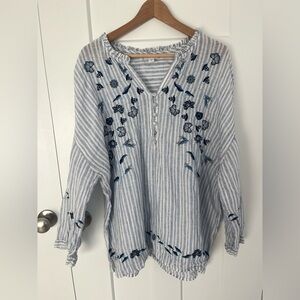 J.Jill Love Linen Embroidered Boho Blouse XL Tall Blue White Stripe Floral Top